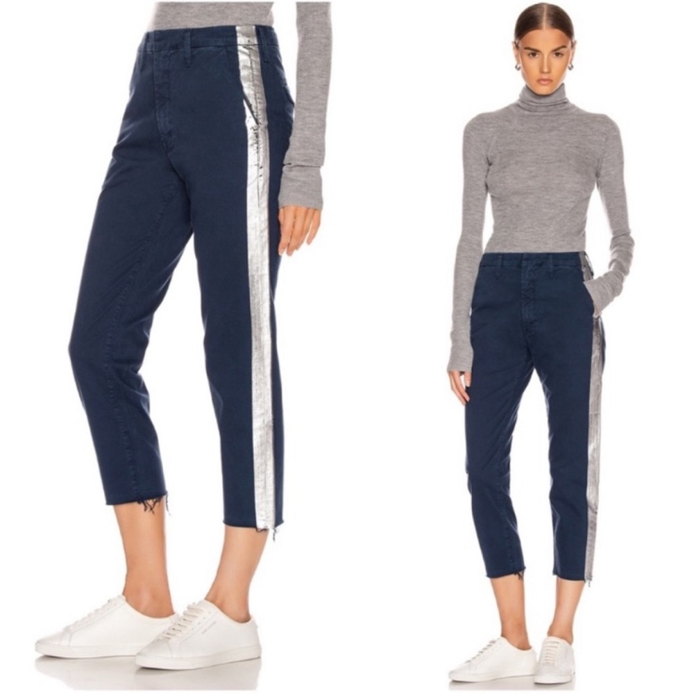 MOTHER The Shaker Navy Chino Pants Size 32 Prep Fray Silver Tuxedo Stripe